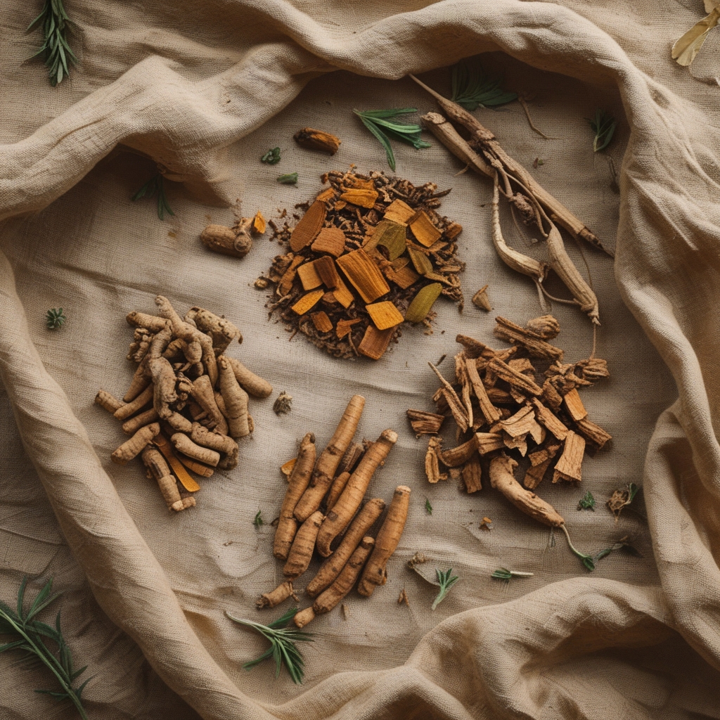 Overhead flat lay of various dried adaptogenic roots and botanical herbs including ashwagandha root pieces, dried ginseng segments, and rhodiola rosea plant material arranged on aged natural linen with warm golden-brown tones