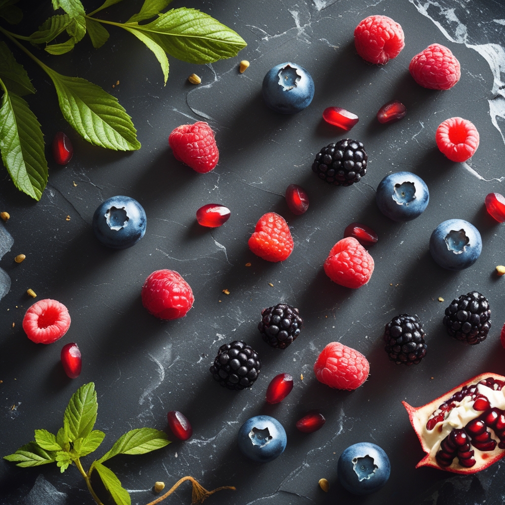 Vibrant collection of fresh antioxidant-rich berries including blueberries, raspberries, blackberries and red pomegranate seeds scattered on a dark grey stone surface, dramatic overhead lighting emphasising deep jewel tones and natural textures