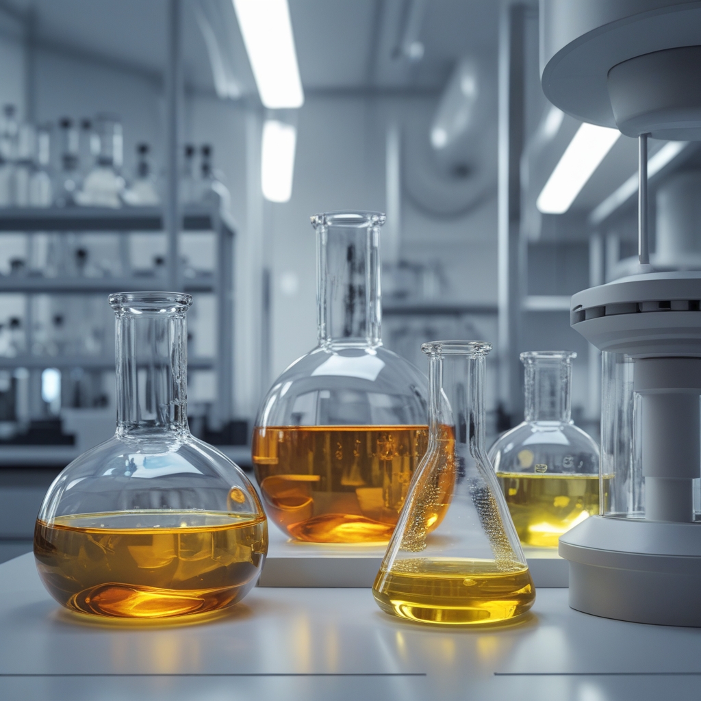 Scientific laboratory glassware including round-bottom flasks and beakers containing amber and yellow liquids on a clean white lab bench, cool blue-white overhead lighting creating a precise academic atmosphere