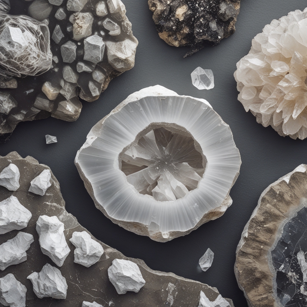 Natural geological mineral formations including calcium carbonate stalactites and crystalline rock cross-sections with white and grey mineral deposits, studio macro photography on a dark background revealing geological textures