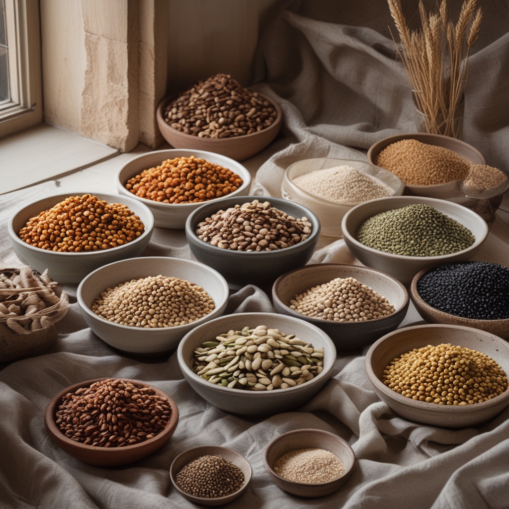Close-up of diverse organic whole grains, legumes, and seeds arranged in small ceramic bowls on a natural linen surface, warm studio lighting revealing rich textures and earthy tones