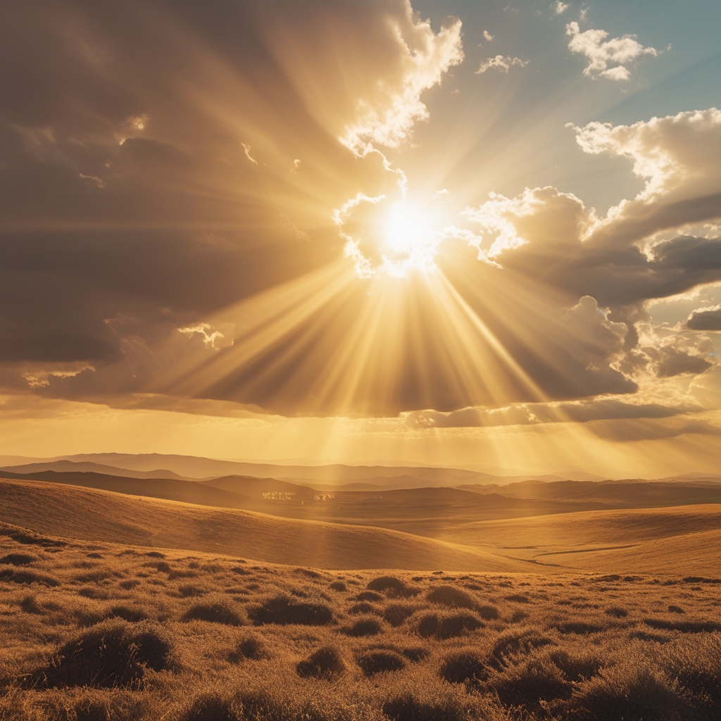 Abstract geometric representation of sunlight beams breaking through scattered clouds over an open landscape, warm golden and amber tones creating a naturalistic atmospheric study